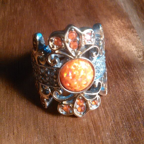 Simulated Opal and Orange and White Crystal Stainless Steel Ring (Size 6) - Picture 2 of 10